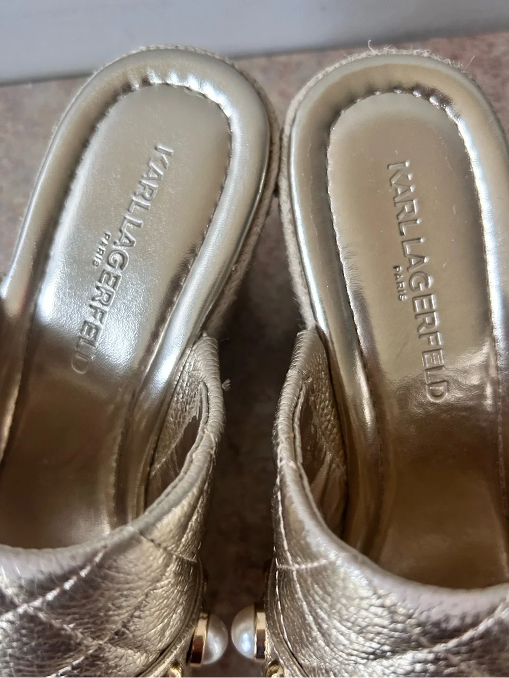 Karl Lagerfeld Paris Camila Espadrille Wedge Sandals Champagne size 8.5